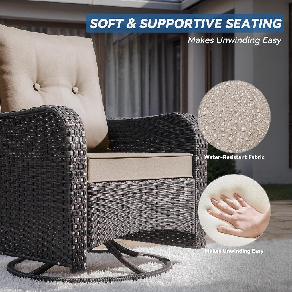 Kurapika 5 Pieces Patio Furniture Set, Rattan Wicker Outdoor Conversation Sets, 4 Woven Rattan Swivel Chairs w/48in Propane Fire Pit Table and Thickened Cushions, Sand