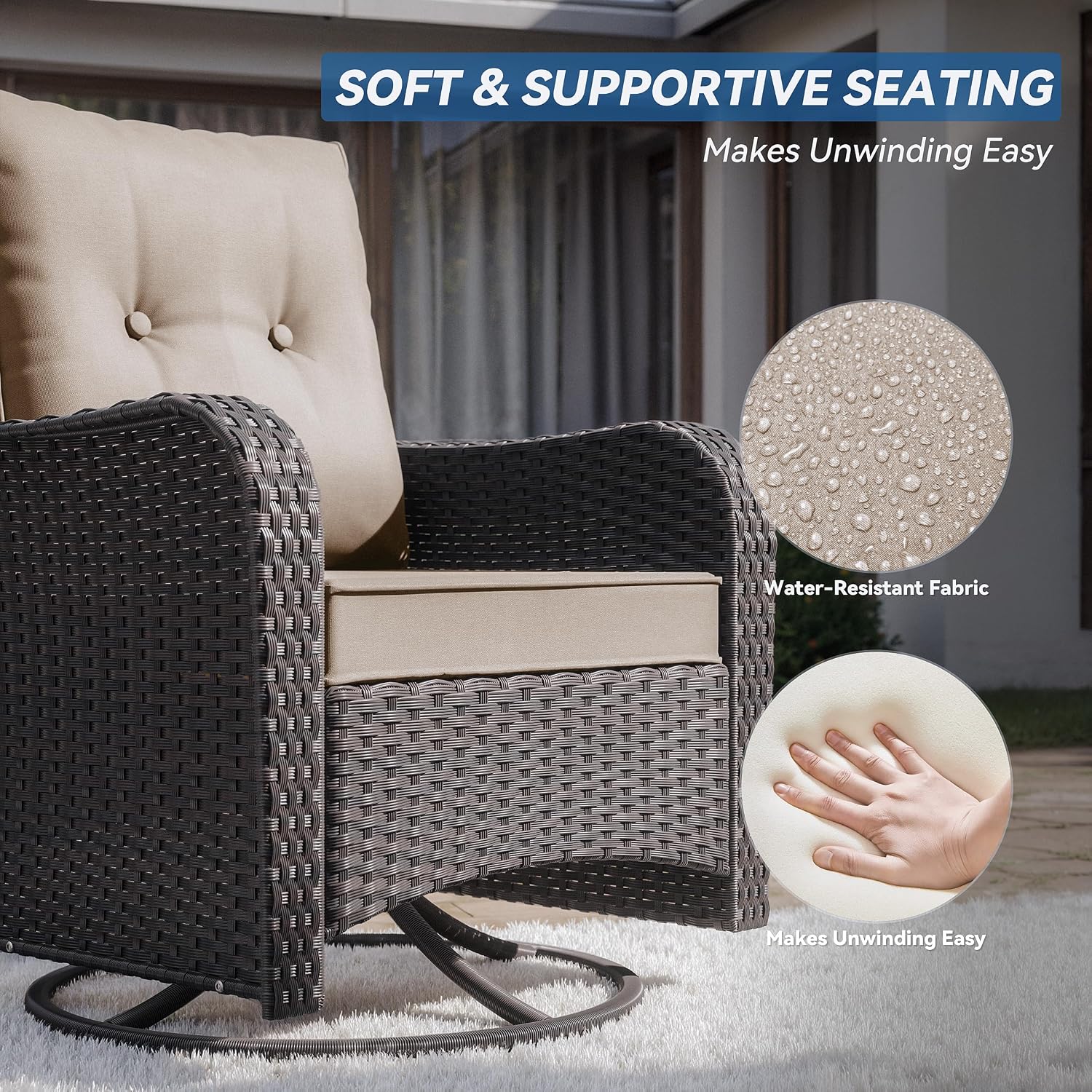 Kurapika 5 Pieces Patio Furniture Set, Rattan Wicker Outdoor Conversation Sets, 4 Woven Rattan Swivel Chairs w/48in Propane Fire Pit Table and Thickened Cushions, Sand
