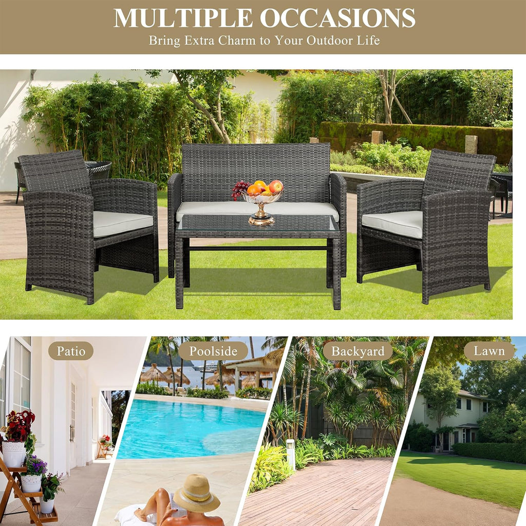 JAMFLY 4 Piece Outdoor Patio Furniture Set, Outdoor Wicker Rattan Chairs Conversation Sets with Cushions & Coffee Table for Outside, Garden, Balcony, Porch, Beige
