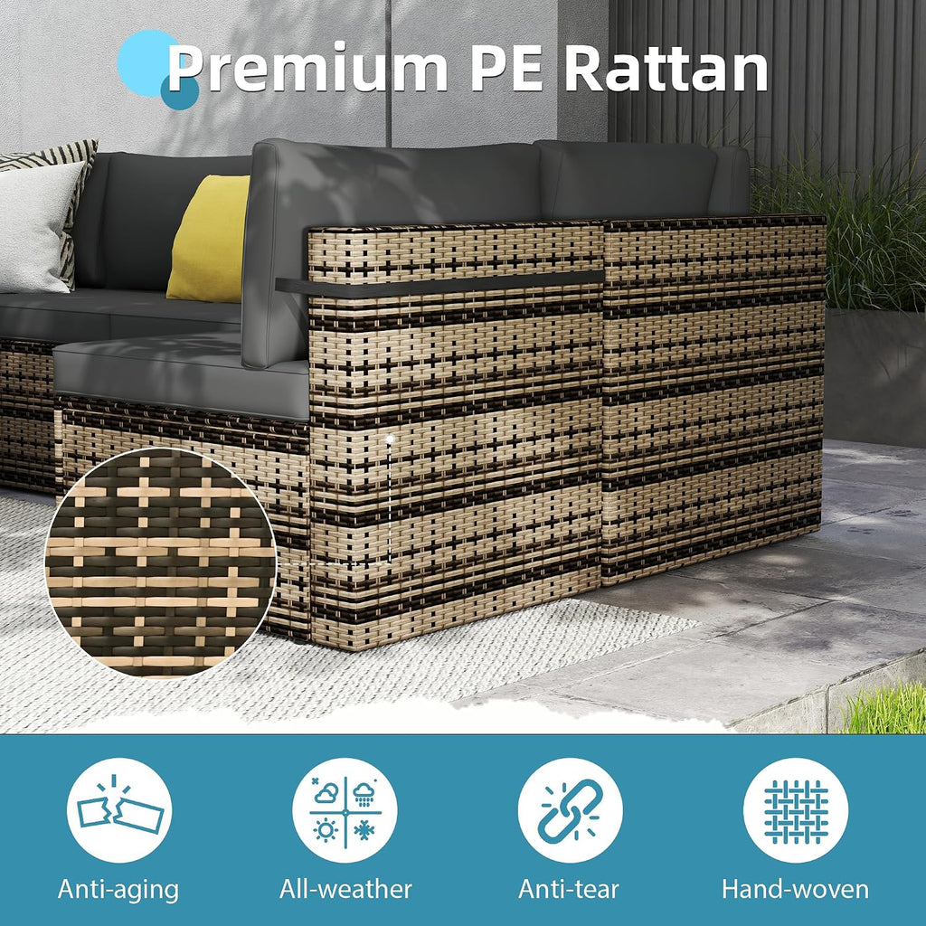 Pamapic 7 Piece Outdoor Sectional Sofa Set, All-Weather Patio Furniture with Washable Cushions, Waterproof Gray Rattan Wicker Conversation Set for Backyard, Poolside, Garden (Black Cushions)