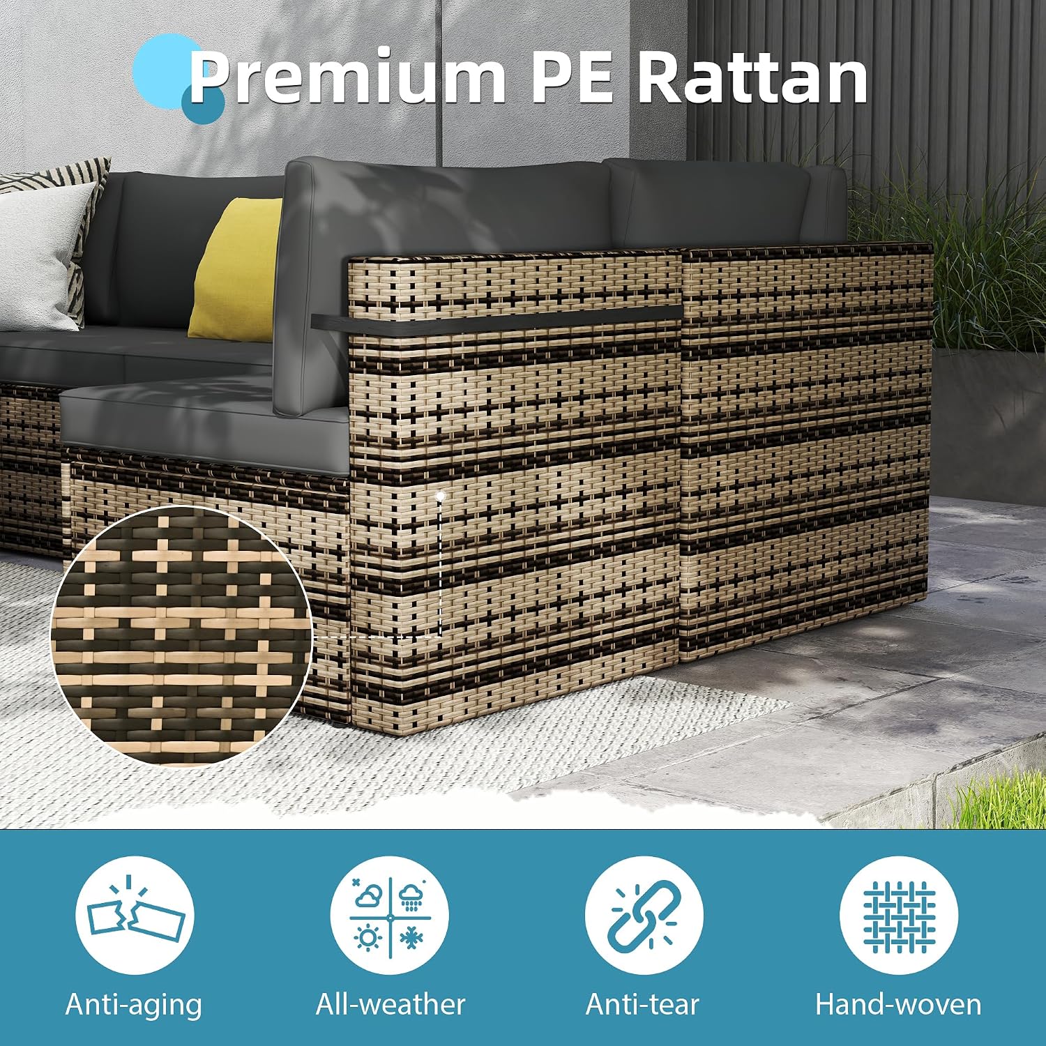 Pamapic 7 Piece Outdoor Sectional Sofa Set, All-Weather Patio Furniture with Washable Cushions, Waterproof Gray Rattan Wicker Conversation Set for Backyard, Poolside, Garden (Black Cushions)