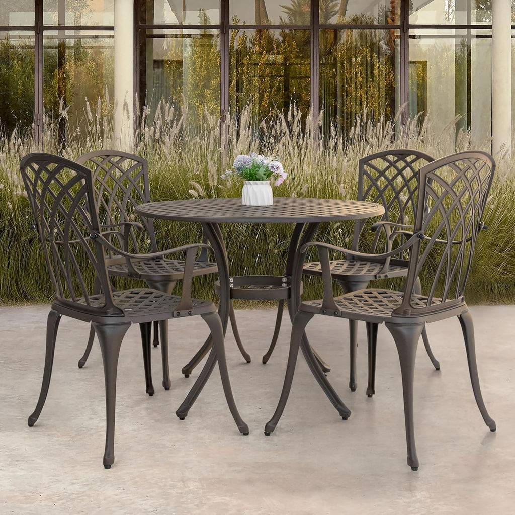 NUU GARDEN 5 Piece Patio Dining Set, 33' Round Cast Aluminum Dining Table with 1.97' Umbrella Hole and 4 Patio Dining Chairs for Backyard, Patio, Garden, Balcony, Brown with Gold Point