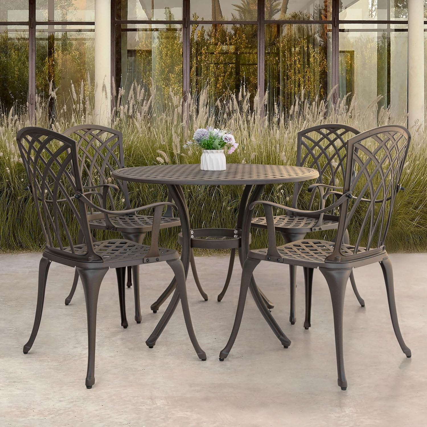 NUU GARDEN 5 Piece Patio Dining Set, 33' Round Cast Aluminum Dining Table with 1.97' Umbrella Hole and 4 Patio Dining Chairs for Backyard, Patio, Garden, Balcony, Brown with Gold Point