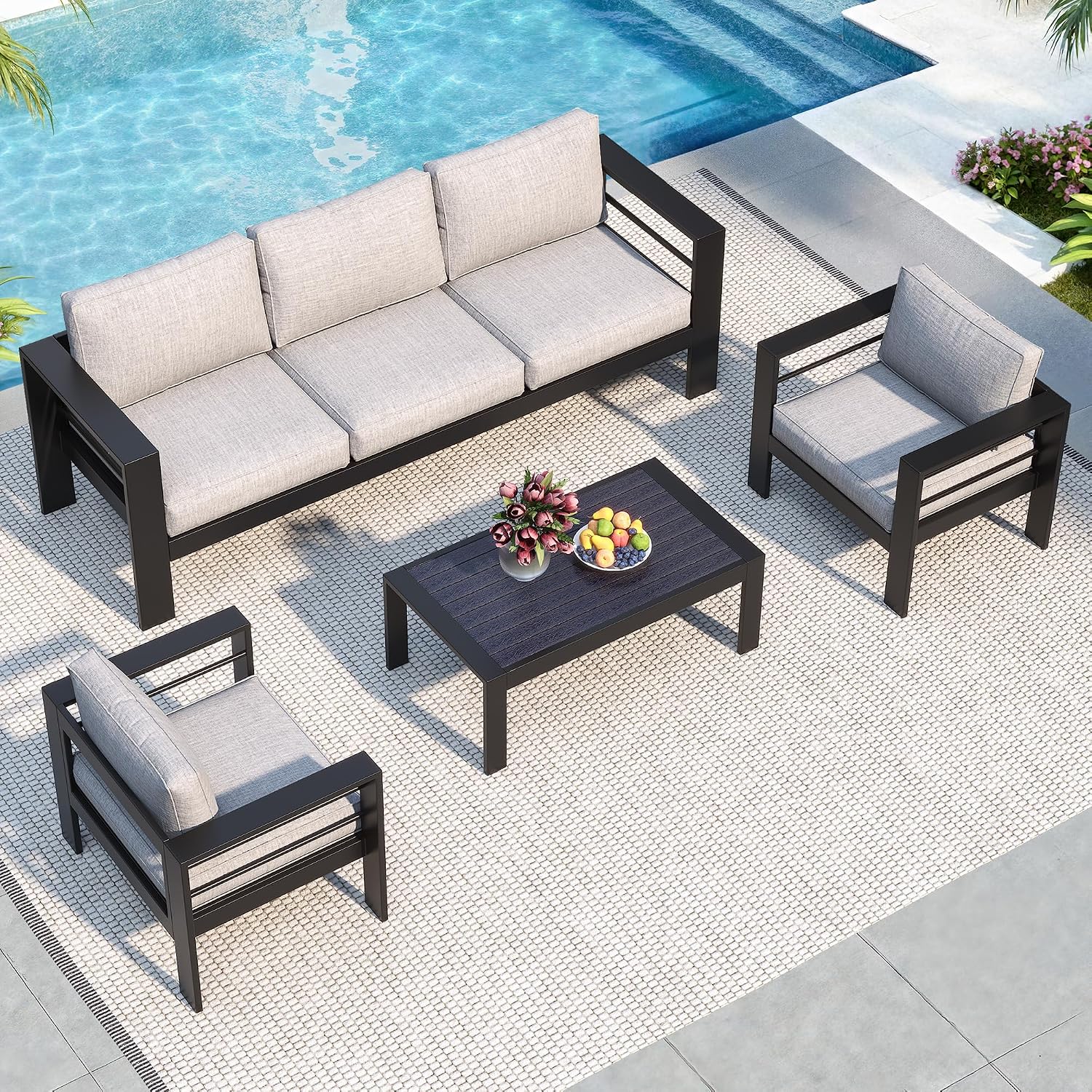Solaste Aluminum Patio Furniture Set for All Weather, Oversized Outdoor Furniture Set with 27.5' Deep Seating and 3.2' Wide Armrest, Outdoor Patio Conversation Sets with 5' Cushion,Black and Grey