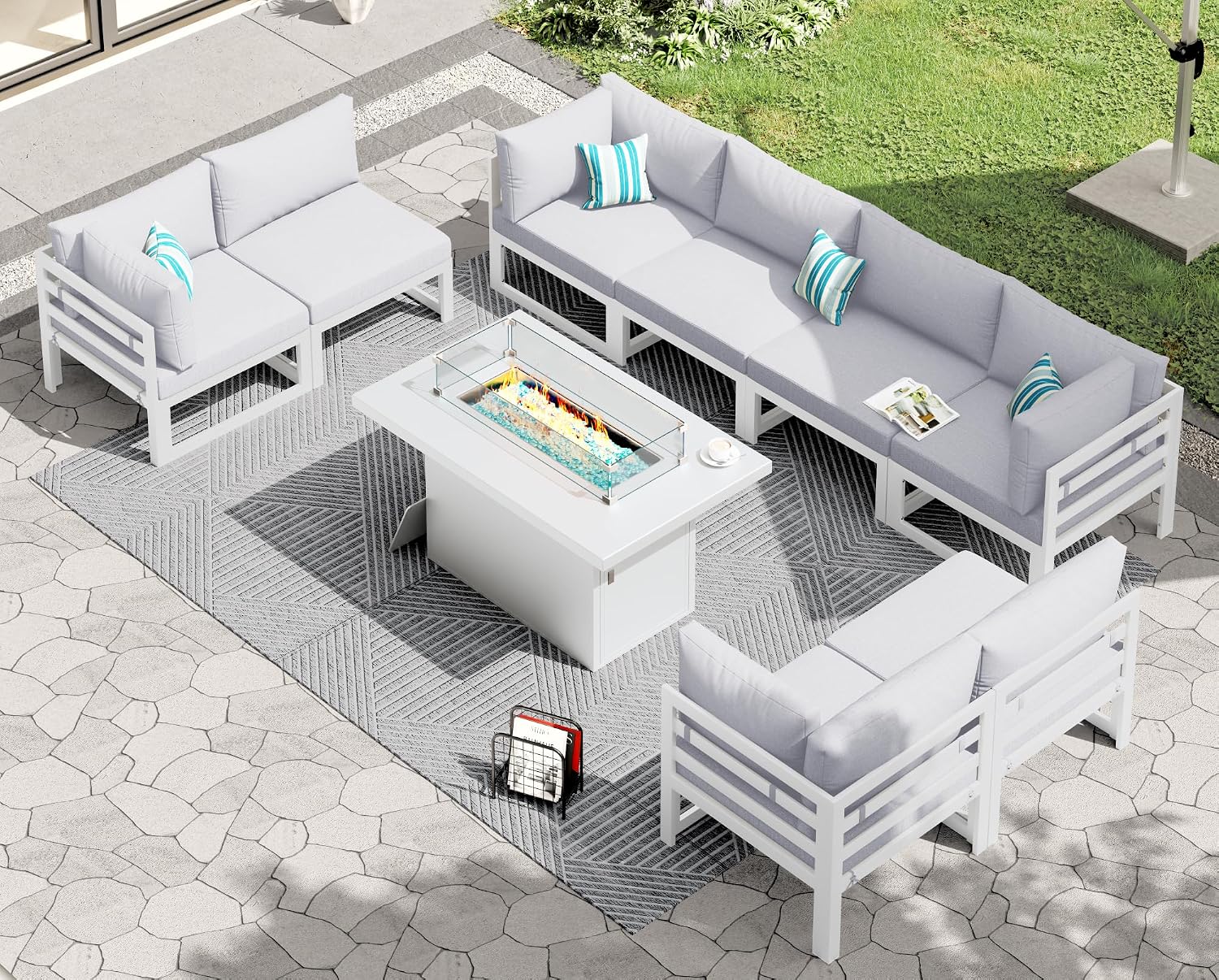 RADIATA 9 Piece Luxury Aluminum Outdoor Sectional Sofa with Rectangular Fire Pit Table, Oversized L Shaped Patio Furniture Set, 29' Deep Wide Seat, 500 lbs Heavy Duty Conversation Set for Yard, White