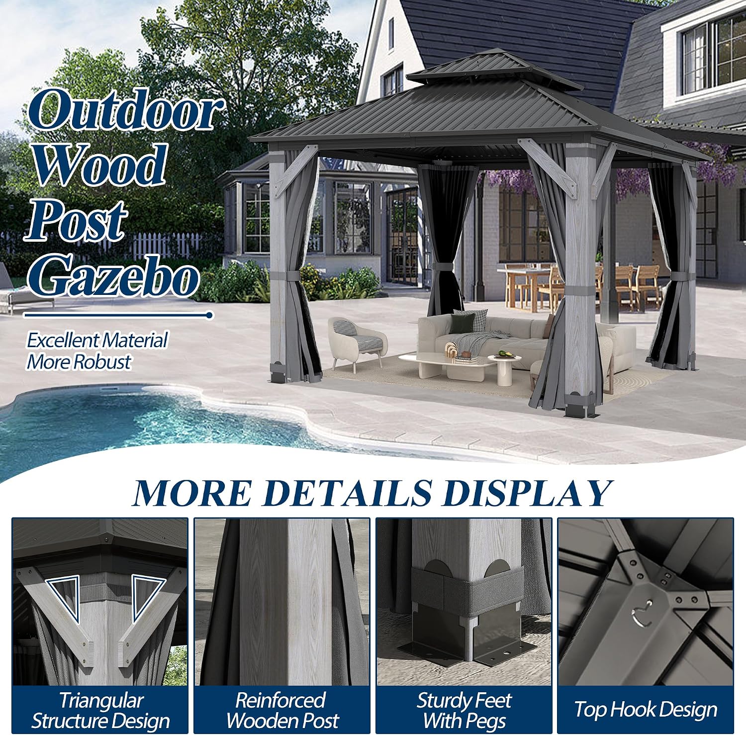 COVERONICS 10'x10' Outdoor Wood Gazebo - Hardtop Wooden Gazebo with Galvanized Steel Roof, Heavy-Duty Pavilion with Netting & Curtains for Garden, Poolside, Deck, Backyard