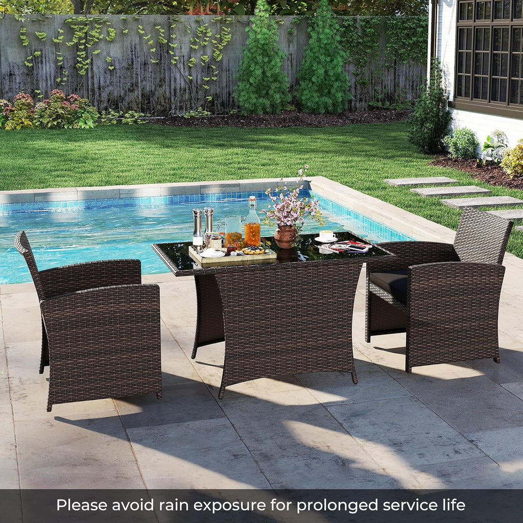 Tangkula 3 Piece Patio Wicker Dining Set, 2 Rattan Chairs with Rectangle Tempered Glass Dining Table, Outdoor Conversation Set with Cushions for Backyard, Porch, Poolside