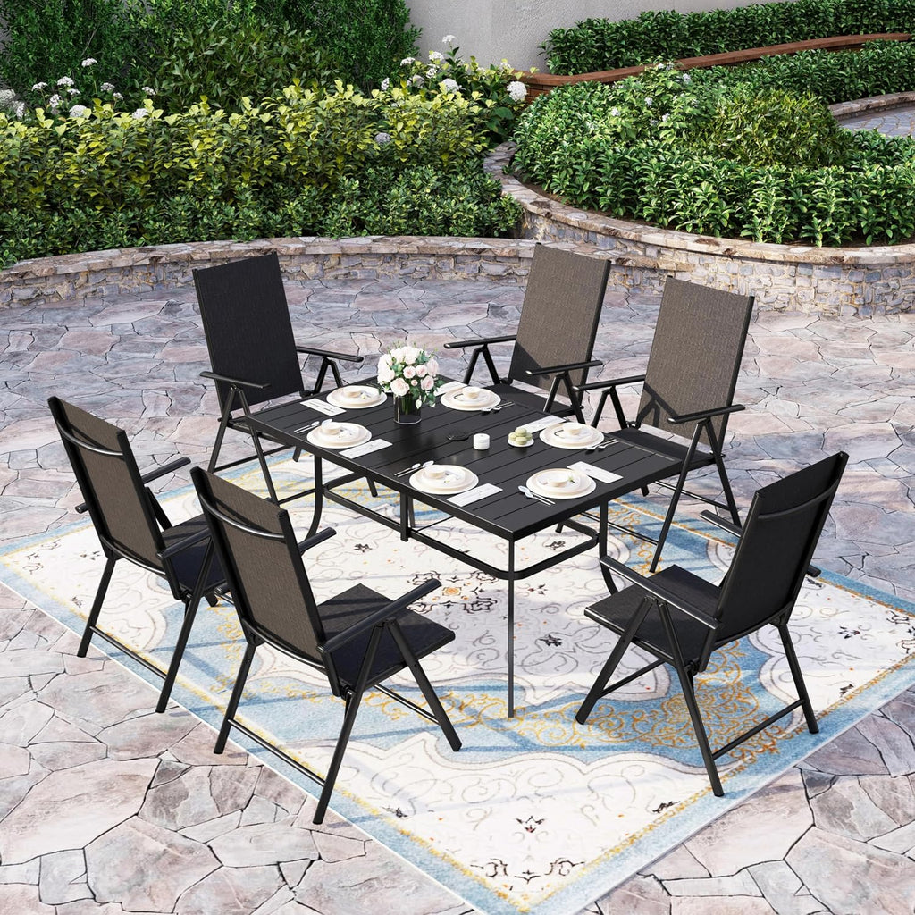 Sophia & William 7 Pieces Patio Dining Set, Outdoor Dining Set with 6 Foldable High Back Textilene Patio Chairs, Black, 1.57'-1.9' Adjustable Umbrella Hole
