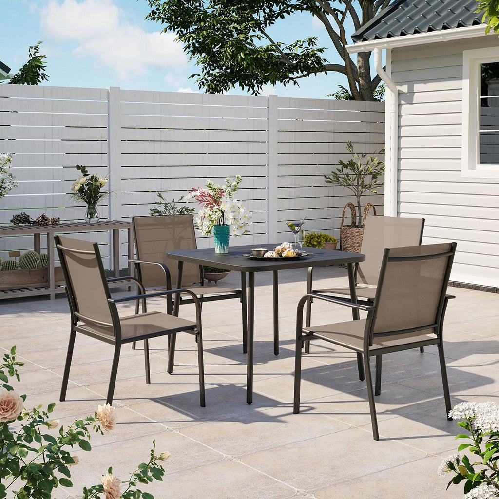 LAUSAINT HOME 5 Pieces Outdoor Dining Set, Patio Furniture Set of 4 Textilene Chairs with Square Metal Slatted Table with Umbrella Hole, Outdoor Table and Chairs Set for Backyard, Garden, and Poolside
