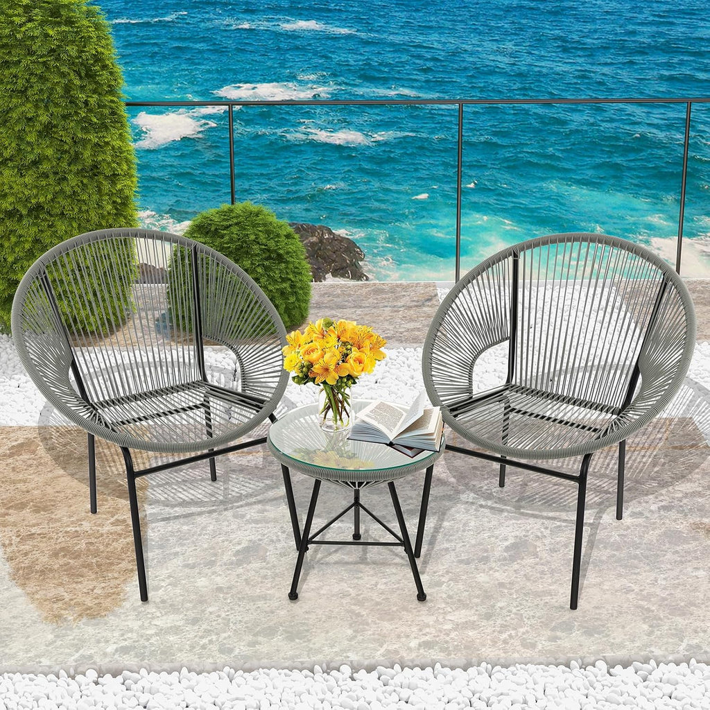 Tangkula 3 Piece Outdoor Patio Furniture Set, Acapulco Chair Set w/Plastic Rope, Tempered Glass Table, All Weather Patio Bistro Set for Patio, Lawn, Garden, Backyard (Grey)