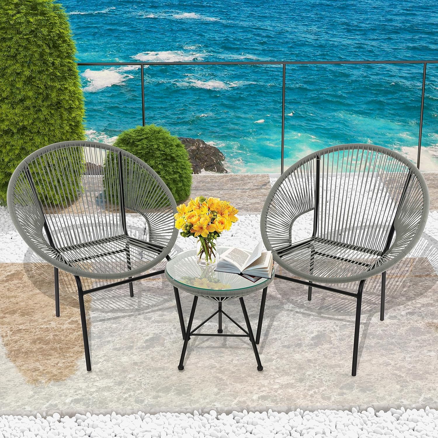 Tangkula 3 Piece Outdoor Patio Furniture Set, Acapulco Chair Set w/Plastic Rope, Tempered Glass Table, All Weather Patio Bistro Set for Patio, Lawn, Garden, Backyard (Grey)