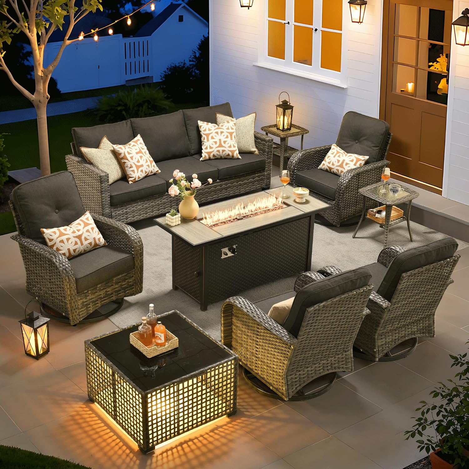 ovios 9 Pieces Patio Furniture Set, Outdoor Wicker Sofa Couch with Rocking Swivel Chairs Fire Pit Table, Modern Deep Seat Rattan Conversation Sets for Deck Porch, Black