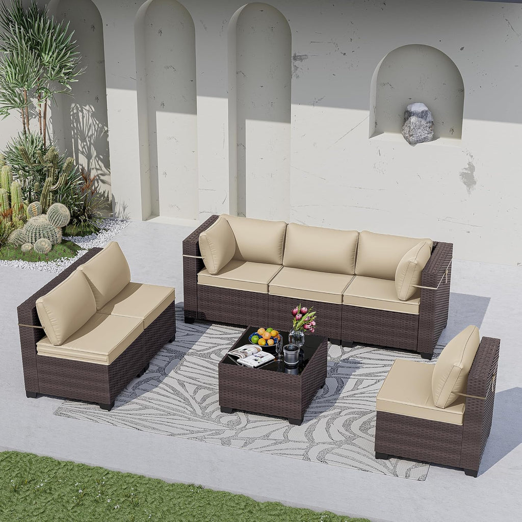 Kurapika 7 Pieces Patio Furniture Set, Rattan Wicker Outdoor Conversation Sets w/4 Inch Cushion and Glass Coffee Table(Sand)