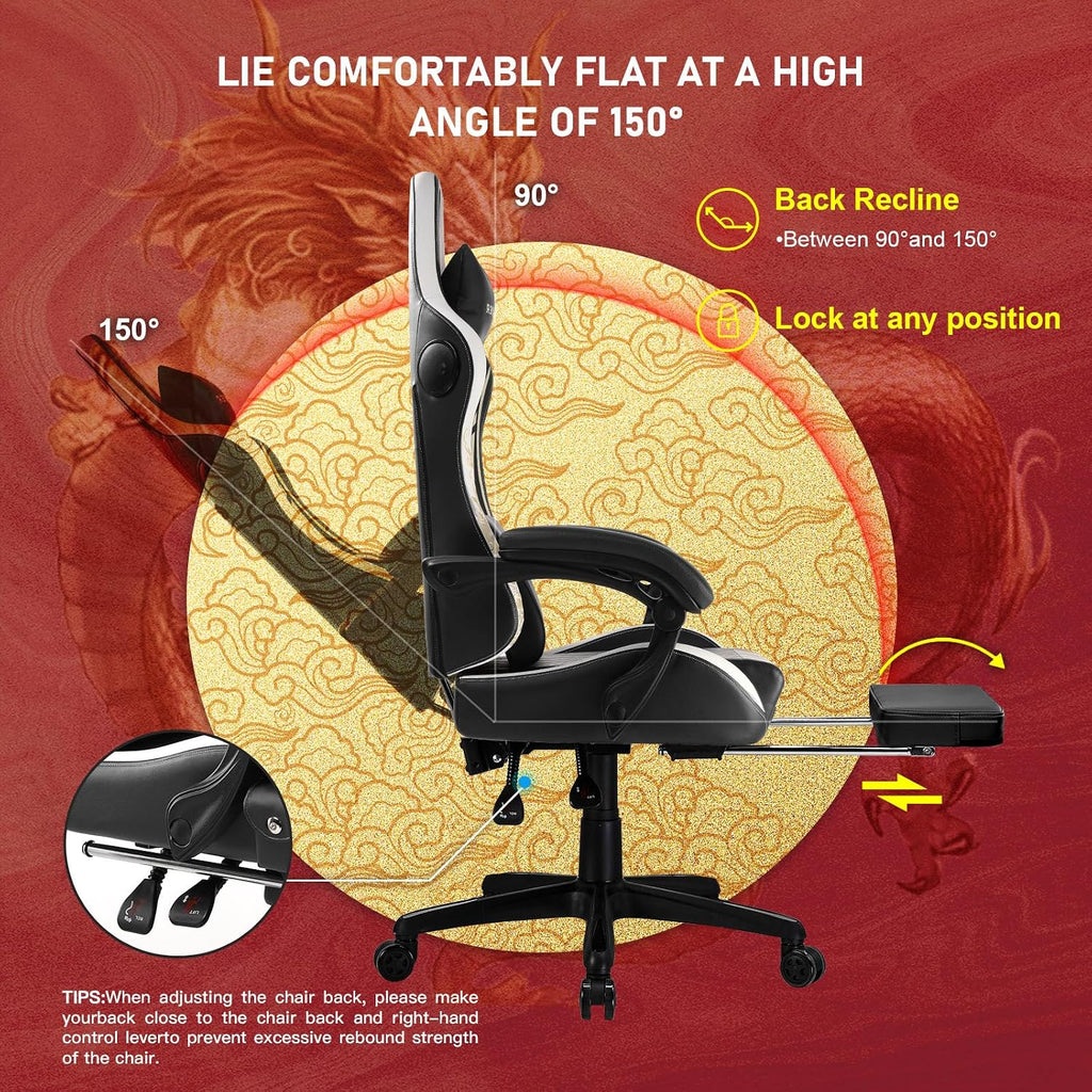 GTPLAYER Gaming Chair with Bluetooth Speakers and Footrest, Dragon Series Video Game Chair, Heavy Duty, Ergonomic, Esports Computer Office Chair, (Blackwhite)