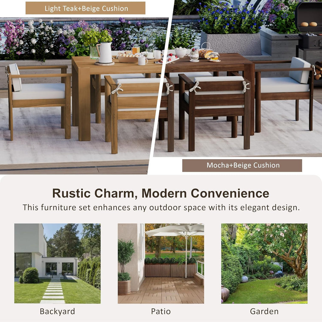 Merax 7-Piece Patio Dining Table Set,Outdoor Furniture Set with 72.8' Rectangle Table & 6 Chairs,Adjustable Leveling Feet,Umbrella Hole for Backyard,Garden,Poolside,Brown+ Beige