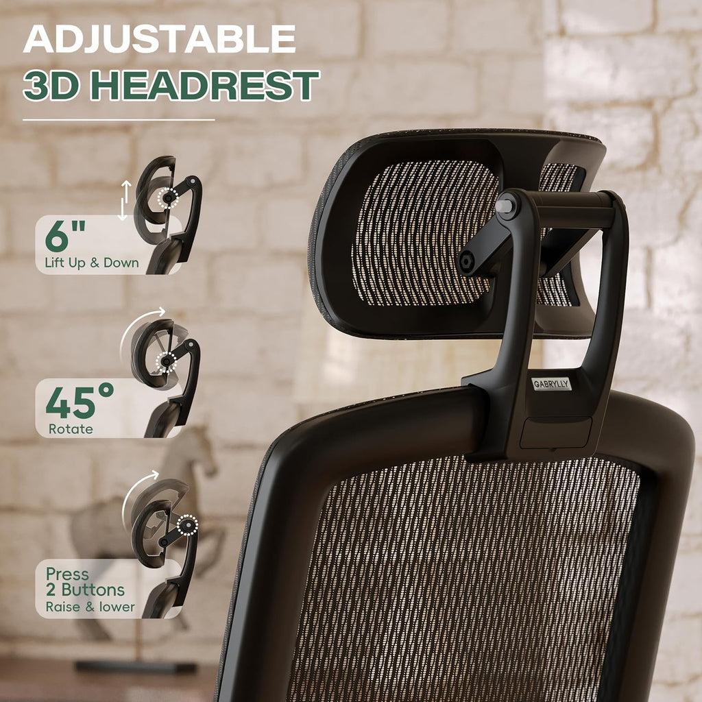 GABRYLLY Ergonomic Office Chair with Footrest, High Back Home Desk Chair - 3D Headrest, Flip-Up Arms, 135° Tilt and Wide Cushion, Heavy Duty Mesh Chairs for Task Computer Gaming, GYB01-FT