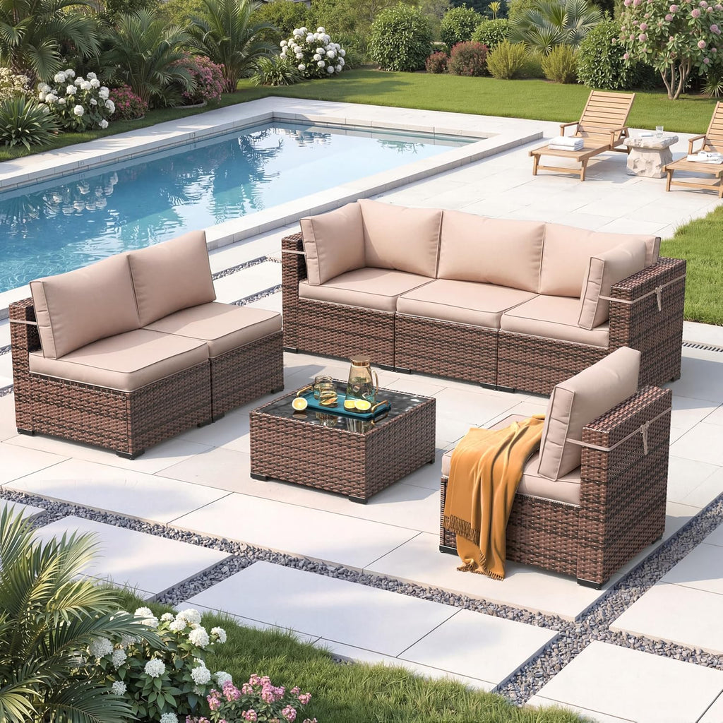 Amopatio Outdoor Patio Furniture Set 7 Pieces Patio Conversation Set Sectional Couch Sofa with All-Weather Cover, Glass Table & Thicken Cushion Fits Garden Yard Porch