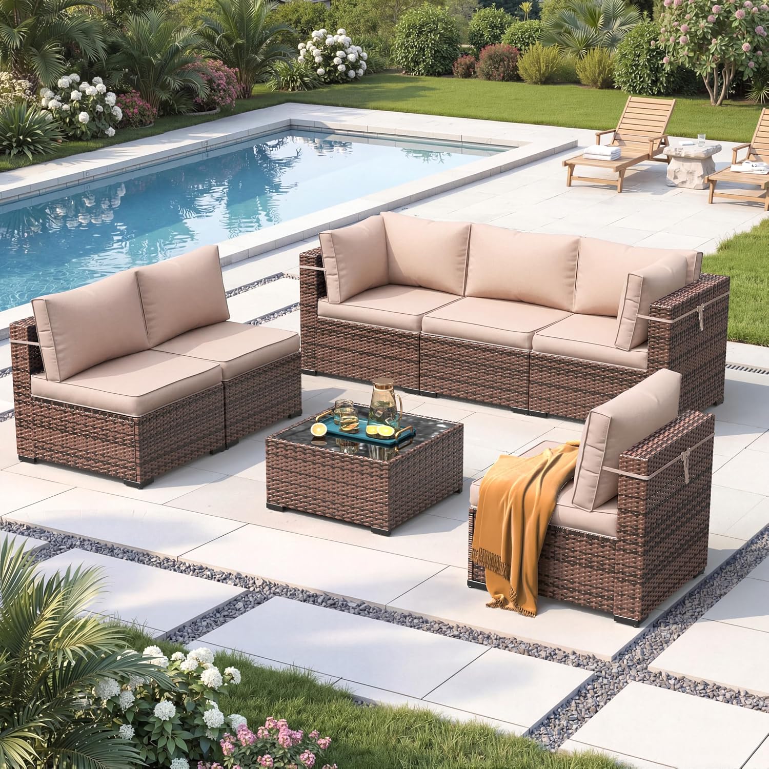 Amopatio Outdoor Patio Furniture Set 7 Pieces Patio Conversation Set Sectional Couch Sofa with All-Weather Cover, Glass Table & Thicken Cushion Fits Garden Yard Porch