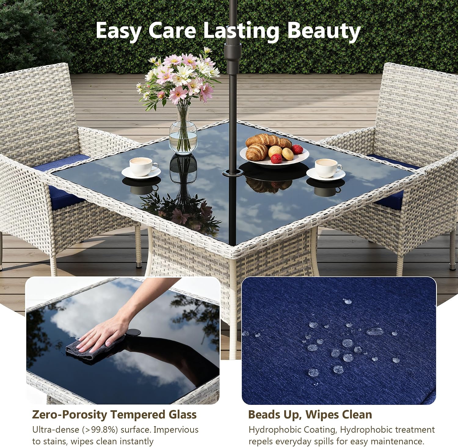 Outdoor Dining Set, 5-Piece Patio Furniture Set with Tempered Glass Table and 4 Cushioned Chairs, Dual-Strand Wicker Rattan, Balcony Furniture for Backyard, Garden, Deck,– Navy Blue