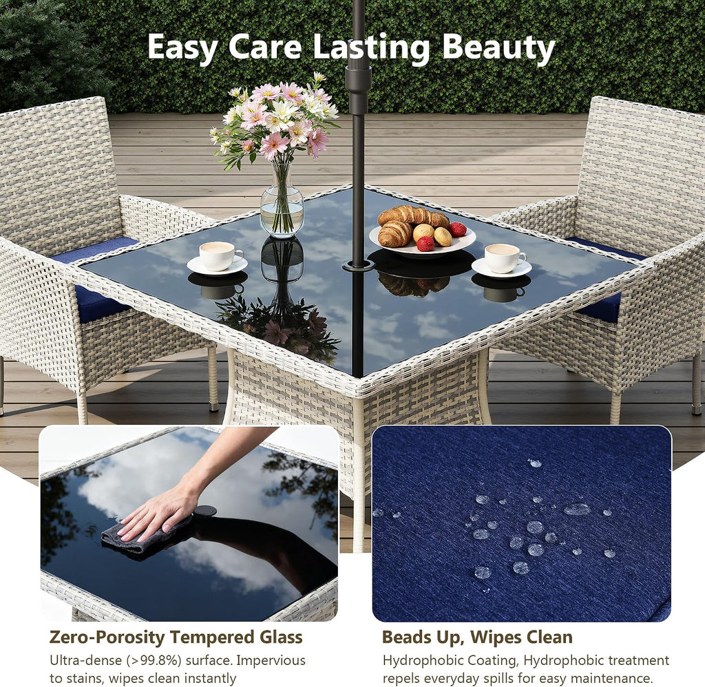 Outdoor Dining Set, 15-Piece Patio Furniture Set with Tempered Glass Table and 12 Cushioned Chairs, Dual-Strand Wicker Rattan, Balcony Furniture for Backyard, Garden, Deck,– Navy Blue