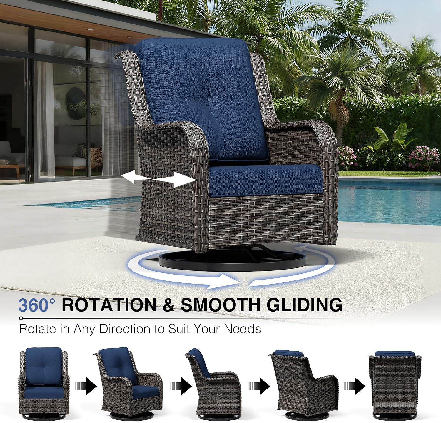 Joyside 3 Piece Wicker Patio Furniture Set, Outdoor Swivel Rocker Patio Chairs with High Back, Deep Seating, Wide Armrest, Thickened Cushions, Outdoor Furniture for Deck, Porch Use