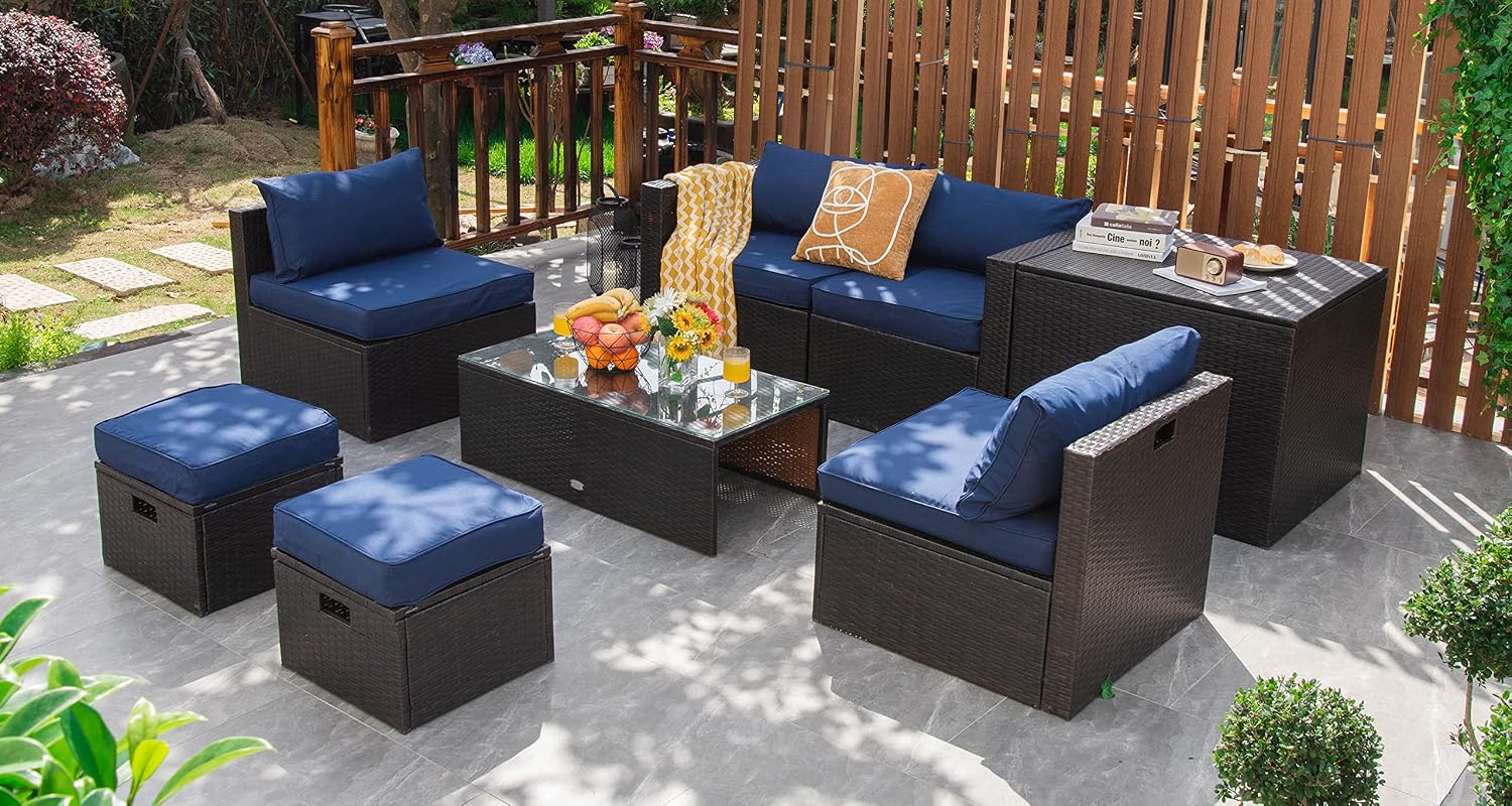 Tangkula 8 Piece Patio Furniture Set, Patiojoy Outdoor Space Saving PE Rattan Sectional Sofa Set for 6 with Waterproof Cover, for Garden, Deck, Poolside and Balcony (Navy)