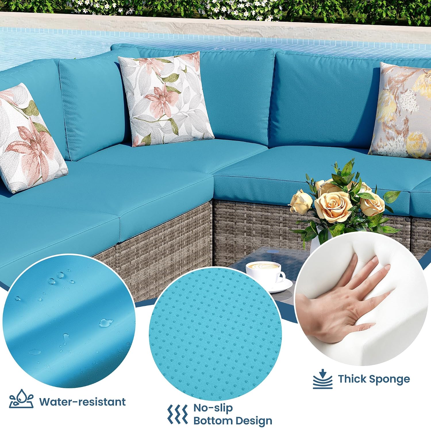 8 Pieces Outdoor Patio Furniture Set with 43' Fire Pit Table, Wicker Outdoor Patio Sectional Sofas Coffee Table, All-Weather Patio Conversation Set with Cushions for Garden Backyard, Light Blue