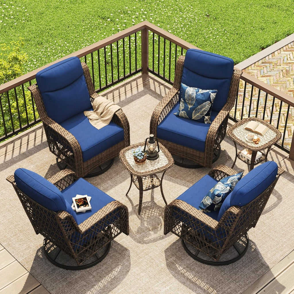 PIZZELLO Outdoor Swivel Chairs 6 Piece Wicker Rocking Chairs Set Patio Furniture Set with Rattan Side Table Rocker Bistro Sets for Outside Porch Backyard (5' Thick Cushions and 25' Full Support Back)