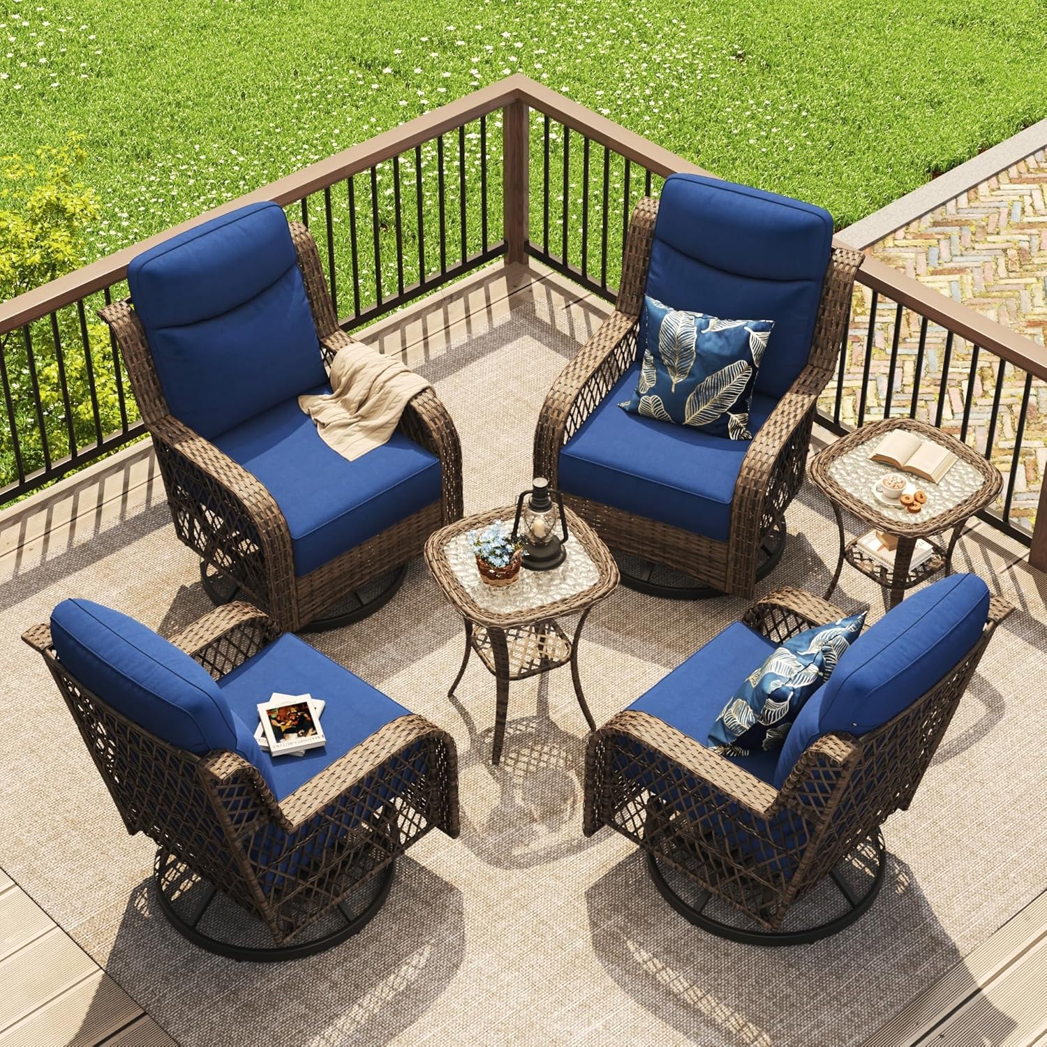 PIZZELLO Outdoor Swivel Chairs 6 Piece Wicker Rocking Chairs Set Patio Furniture Set with Rattan Side Table Rocker Bistro Sets for Outside Porch Backyard (5' Thick Cushions and 25' Full Support Back)