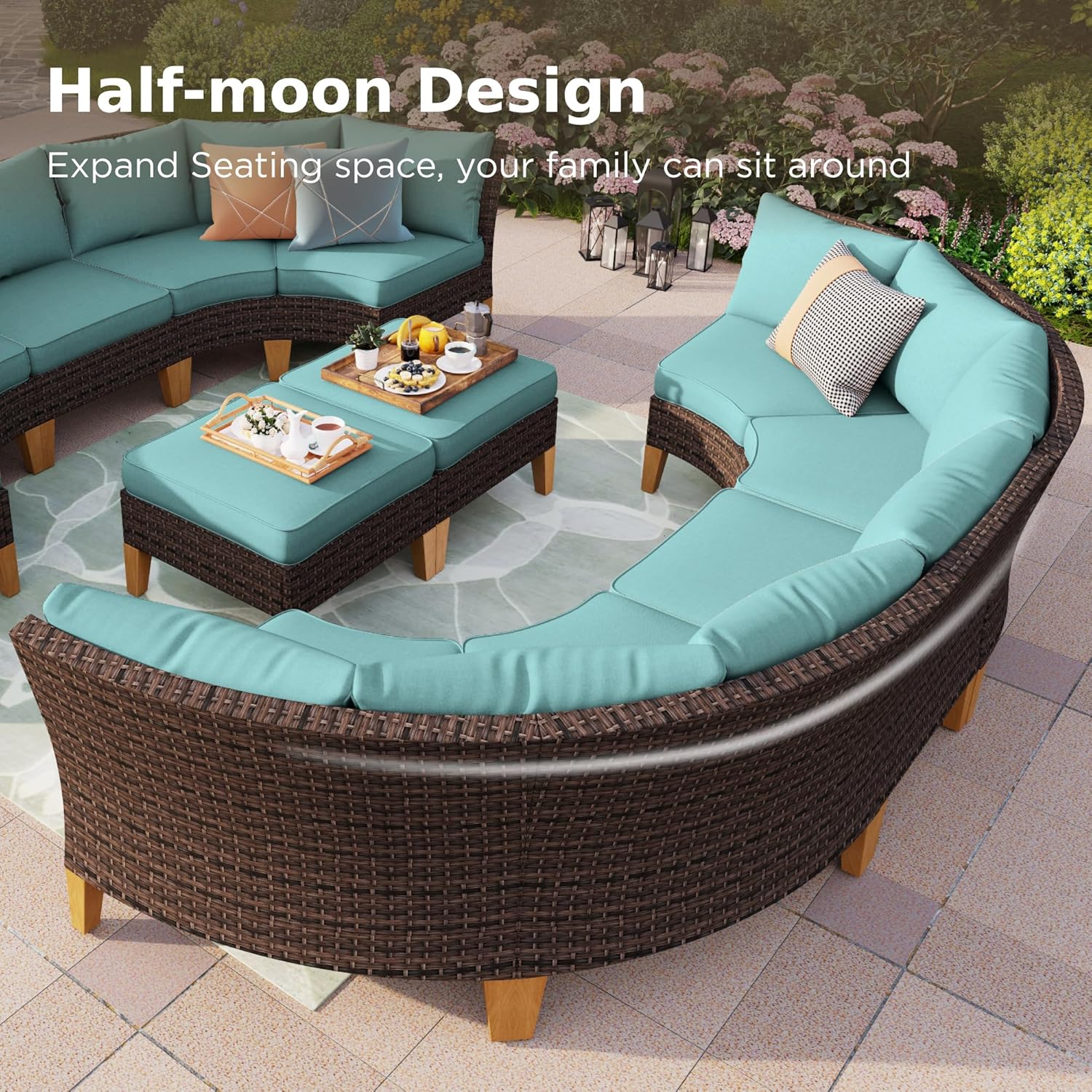 PHI VILLA Half Moon Patio Furniture Set with 56' Fire Pit Table, Outdoor Curved Wicker Sectional Sofa with Cushions and Ottomans, Aqua Blue