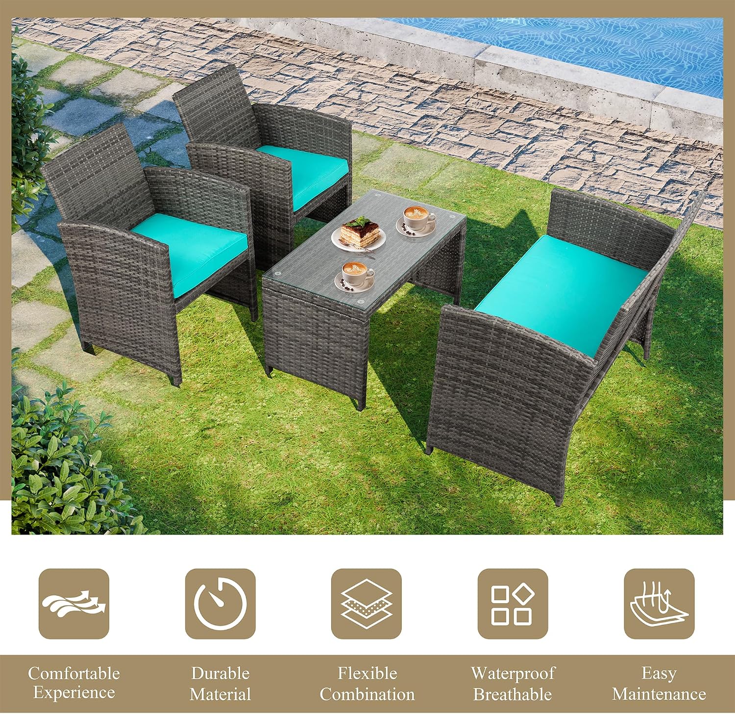 JAMFLY 4 Piece Outdoor Patio Furniture Set, Outdoor Wicker Rattan Chairs Conversation Sets with Cushions & Coffee Table for Outside, Garden, Balcony, Porch, Blue