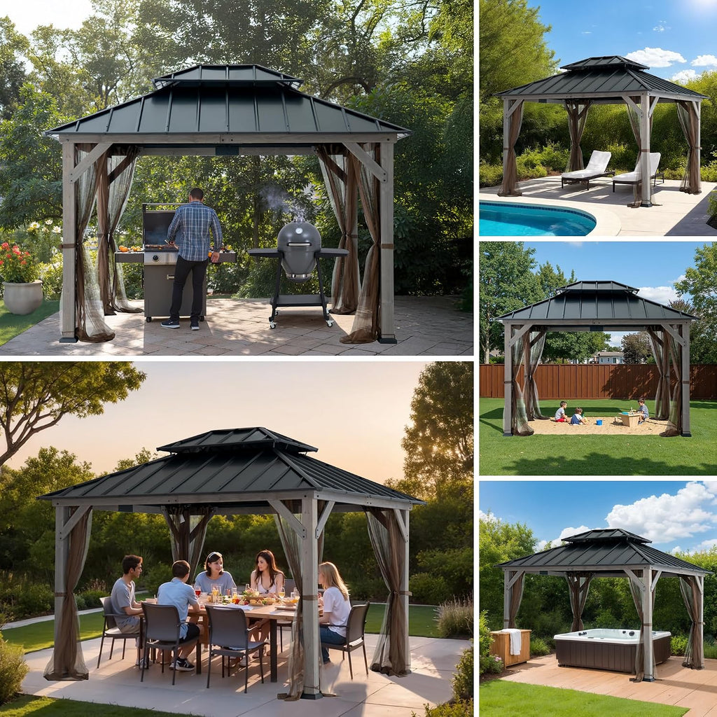 SUNJOY 10x12 Hardtop Wood Gazebo with Galvanized Steel Roof, LED String Lights & Mosquito Netting, Outdoor Permanent Pavilion Cedar Gazebo for Backyard, Garden, Patio, Deck, Lawn - Matte Black Roof