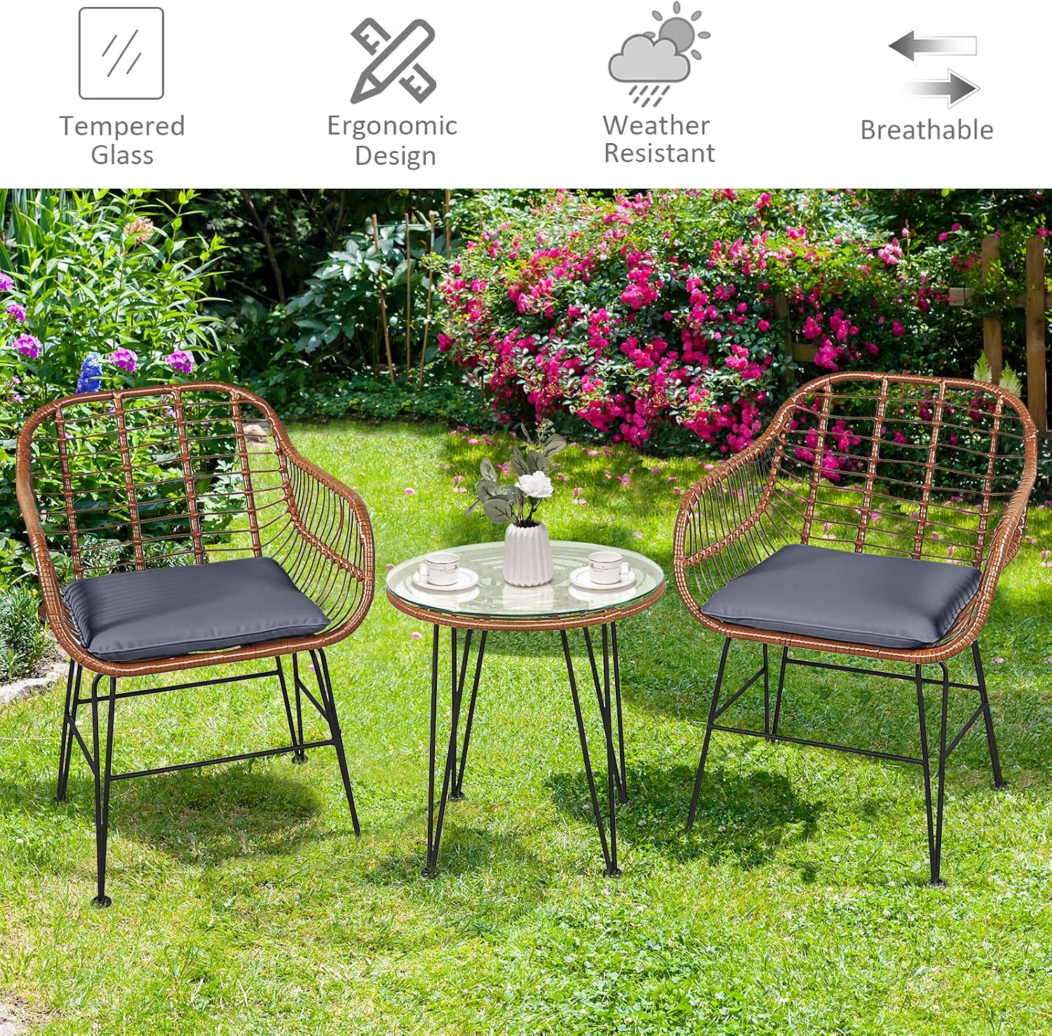 Tangkula 3 Pieces Patio Conversation Bistro Set, Outdoor Wicker Furniture w/Round Tempered Glass Top Table & 2 Rattan Armchairs, Bistro Chat Set w/Seat Cushions for Porch, Backyard, Garden