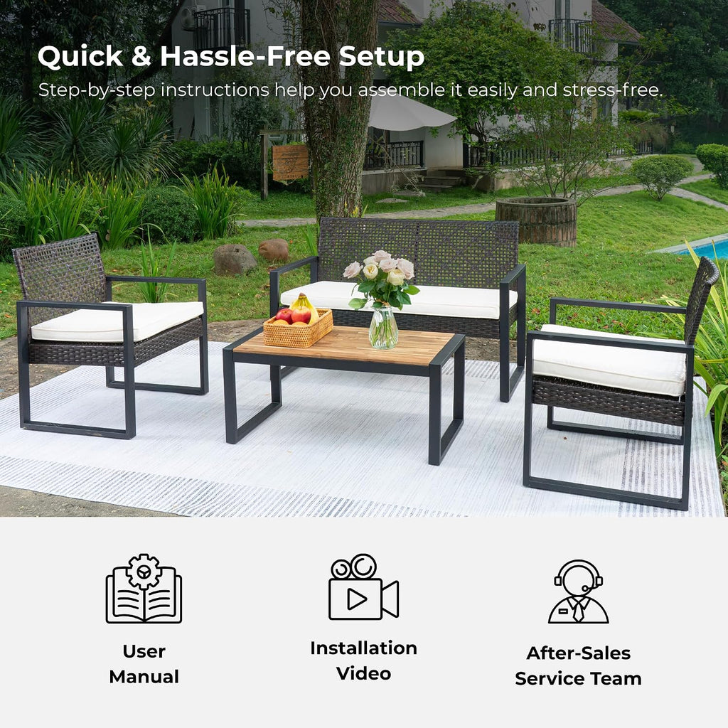 Merax 4 Pcs Patio Furniture Set, Outdoor Acacia Wood Table with 3 Chairs, All-Weather Garden Balcony Backyard Lawn Conversation Set (Brown and Beige)