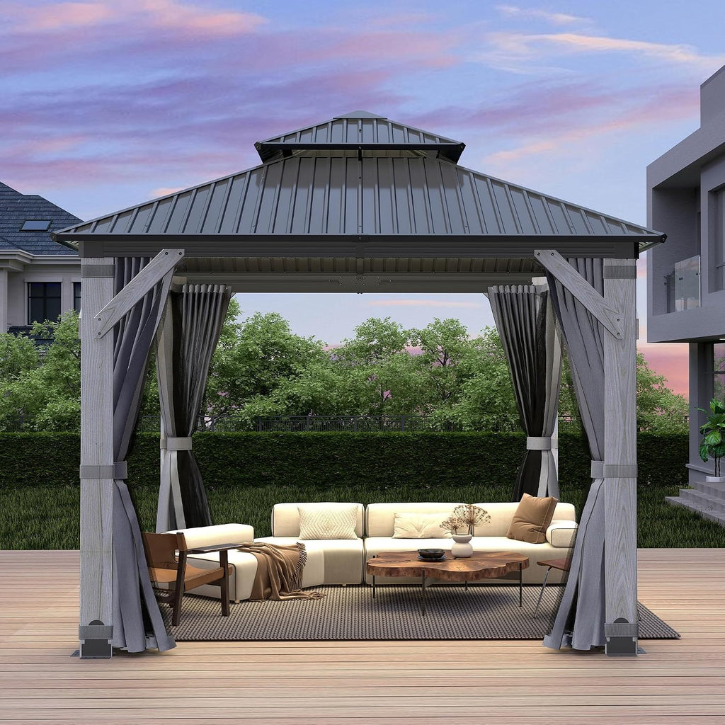 8.5x8.5FT Hardtop Wood Gazebo, Outdoor Gazebo with Cedar Wooden Pillar & Double Metal Roof - Weather-Resistant Gazebos Pavilion for Patio, Garden, Backyard (w/Netting & Gray Curtains)