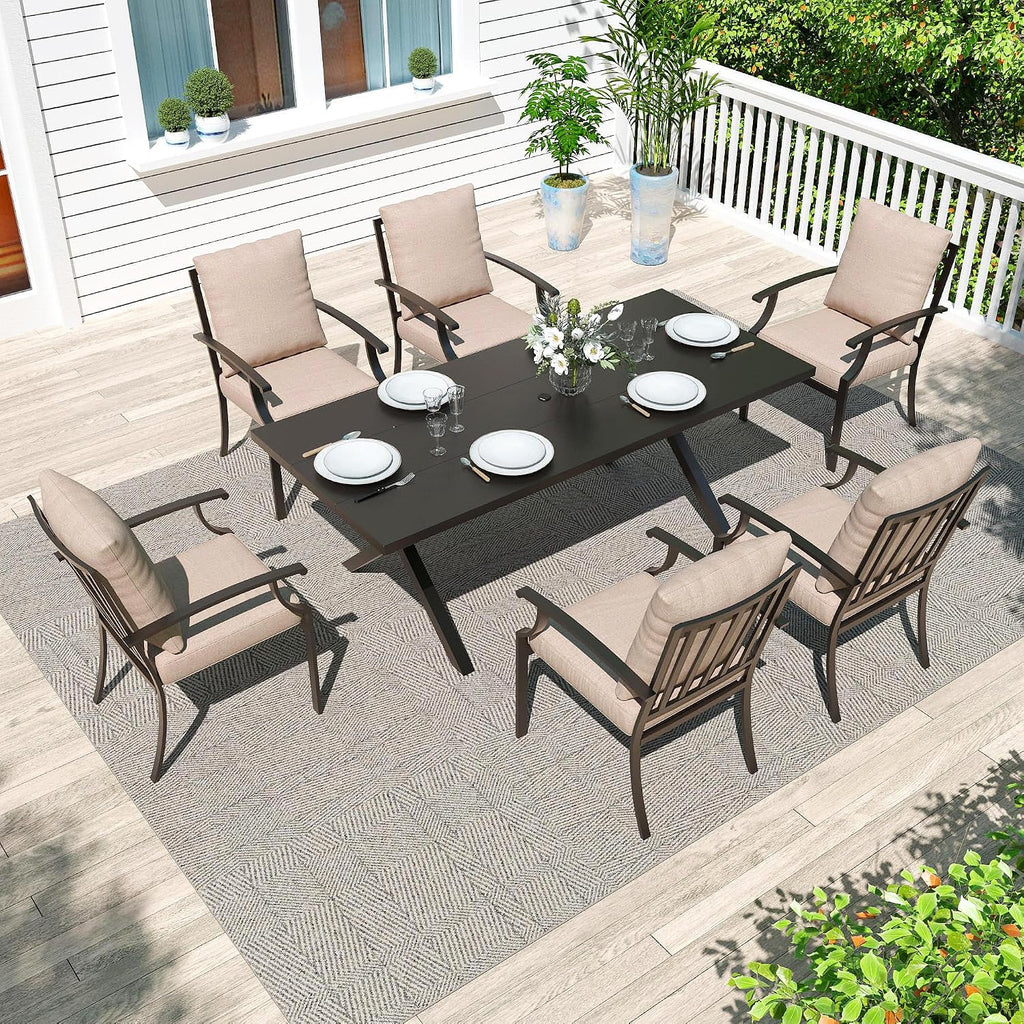 Gotland 7 Piece Outdoor Dining Set, Metal Outdoor Table and Chairs with X-Shaped Legs 1.5' Umbrella Hole, Patio Furniture Set with Waterproof Cushions, Patio Dining Sets for Backyard Deck Khaki