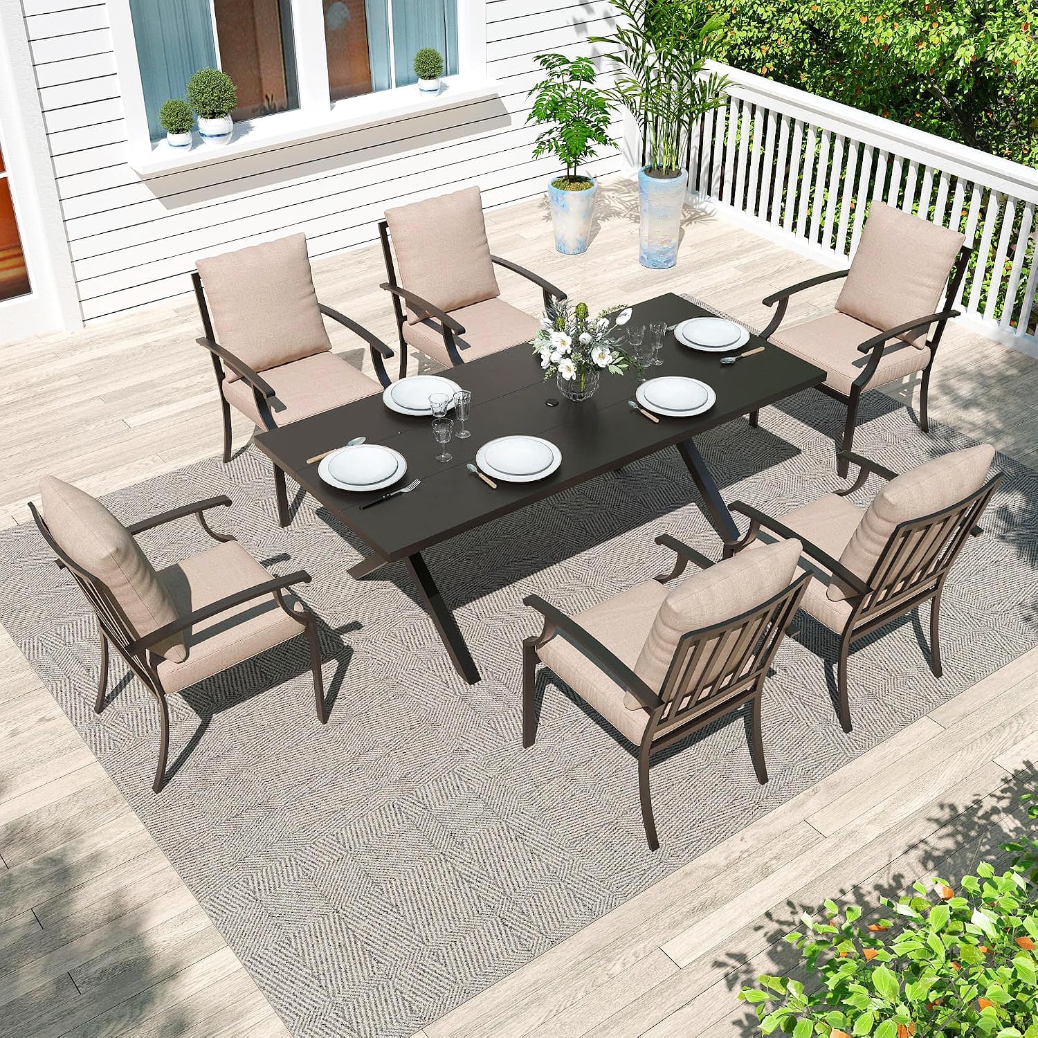 Gotland 7 Piece Outdoor Dining Set, Metal Outdoor Table and Chairs with X-Shaped Legs 1.5' Umbrella Hole, Patio Furniture Set with Waterproof Cushions, Patio Dining Sets for Backyard Deck Khaki