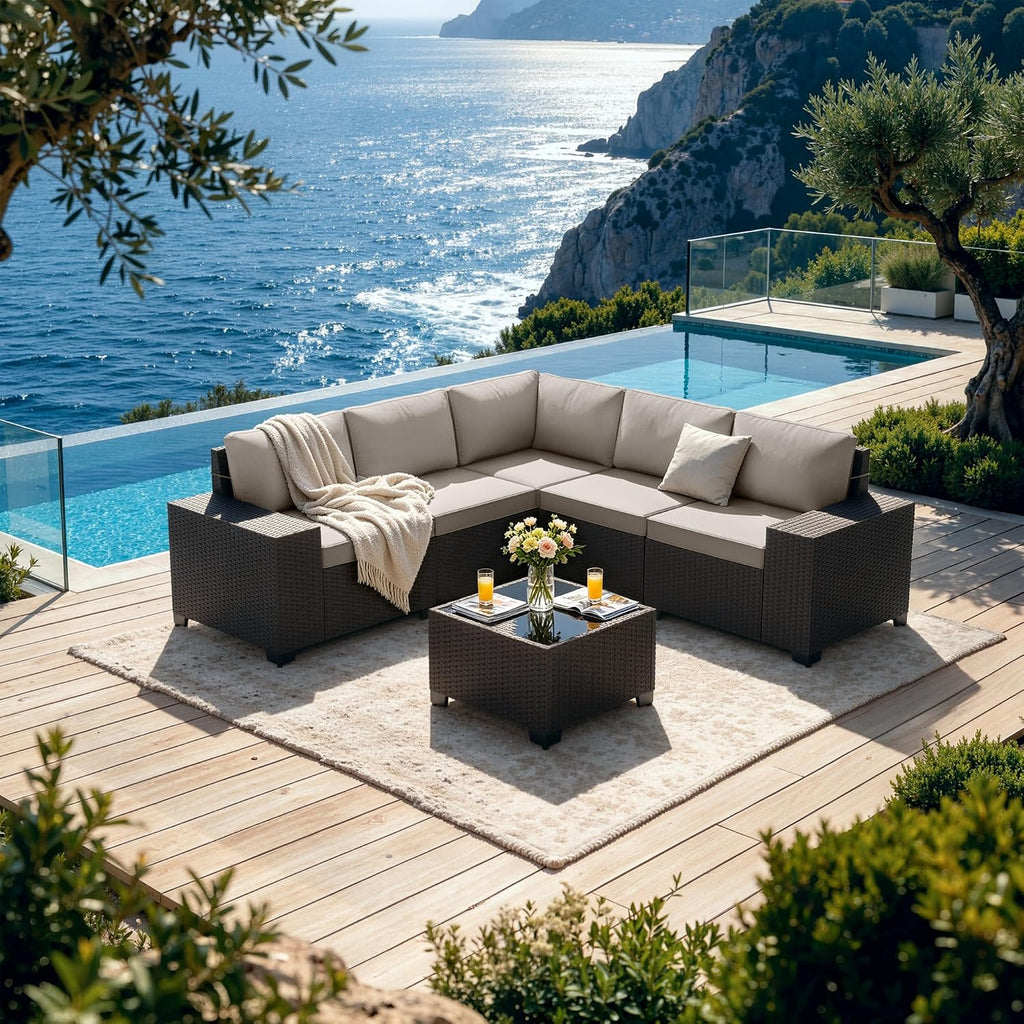 Patio Furniture Set 6 Pieces Outdoor Sectional Sofa Set,PE Rattan Wicker Patio Conversation Set with Thickened Cushions and Glass Coffee Table,Sand
