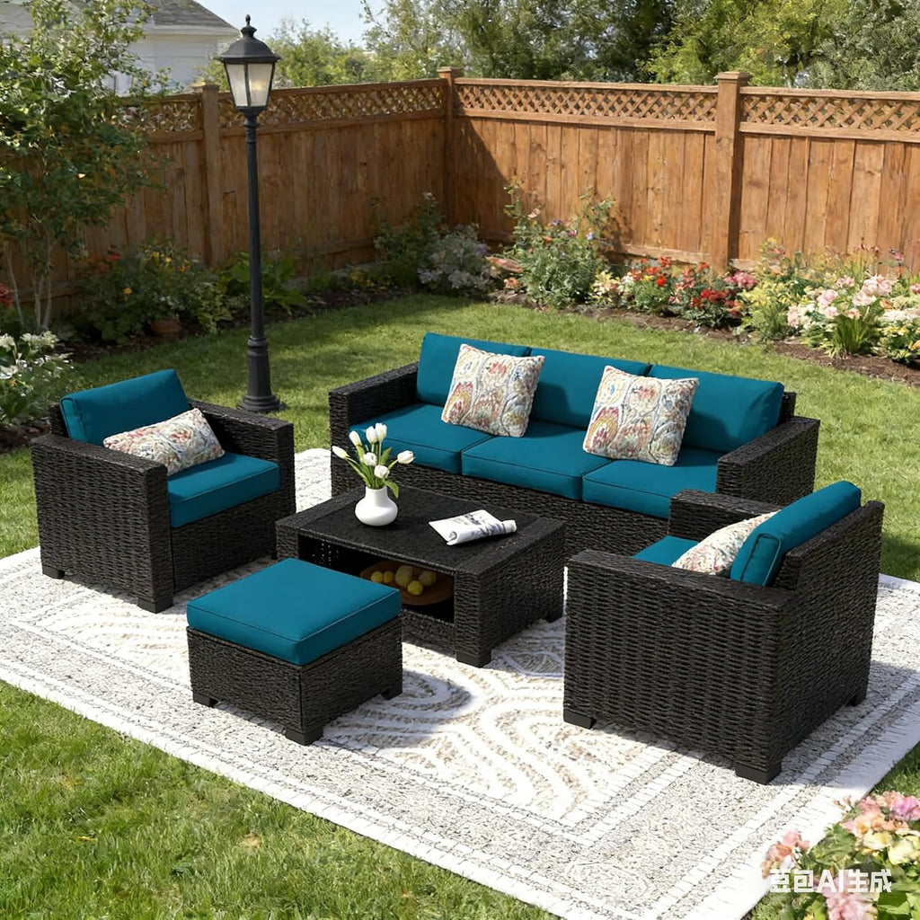 SHGJ&SOFT 7 Piece Patio Furniture Set, Wicker Outdoor Sectional Sofa with Washable Cushion Covers and Tempered Glass Table, Rattan Conversation Set for Poolside