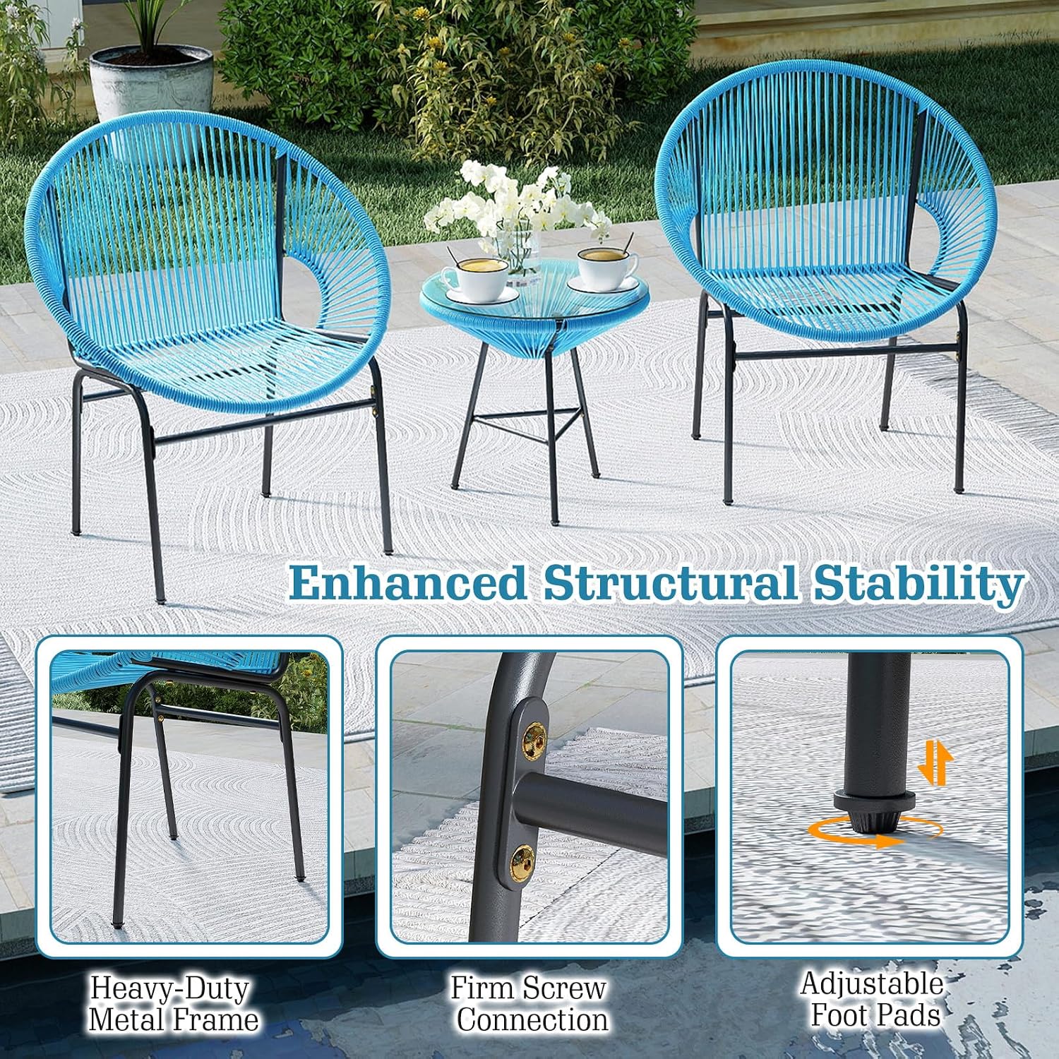 Tangkula 3 Piece Outdoor Patio Furniture Set, Acapulco Chair Set w/Plastic Rope, Tempered Glass Table, All Weather Patio Bistro Set for Patio, Lawn, Garden, Backyard (Turquoise)