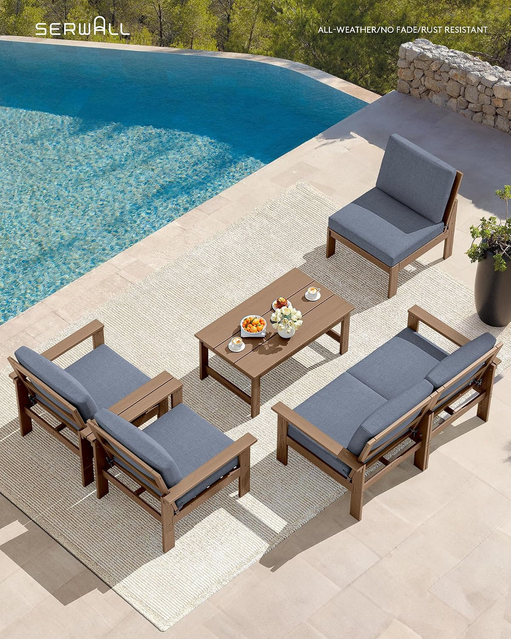 SERWALL HDPE Patio Conversation Set, 6-piece Sectional Outdoor Furniture Set, All Weather Outdoor Couch Set Patio Furniture Set for Deck, Lawn, Grey Frame with Grey Cushion