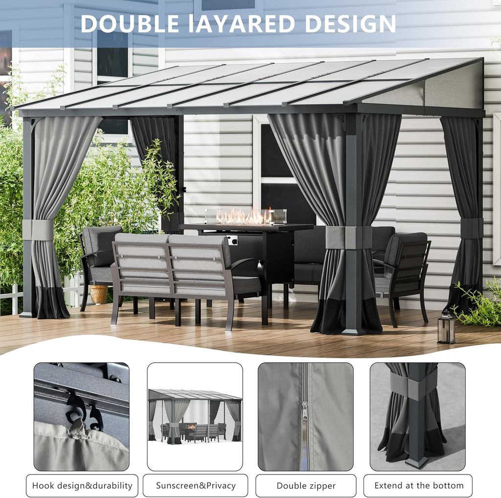 10x12FT Gazebo, Hardtop Wall Mounted Gazebo with Sloping Sun Panel Roof, Awnings for Patio with Metal Frame, Double Curtains for Garden, Lawn, Backyard Deck, Sand