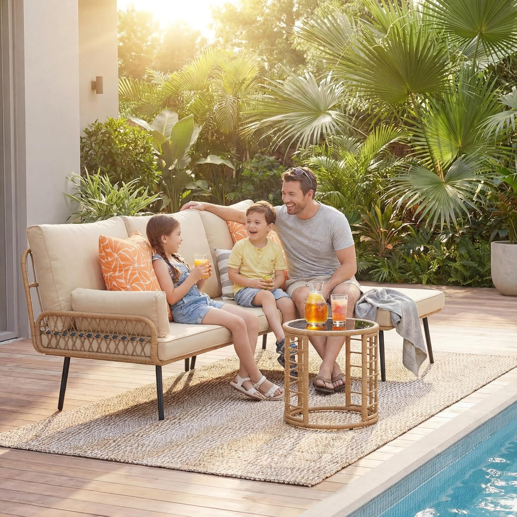 Gizoon 3-Piece Outdoor Patio Furniture Set, All-Weather PE Wicker L-Shaped Conversation Sofa with Thick Cushions & Glass Table, for Backyard, Porch, Balcony, Poolside (Beige)