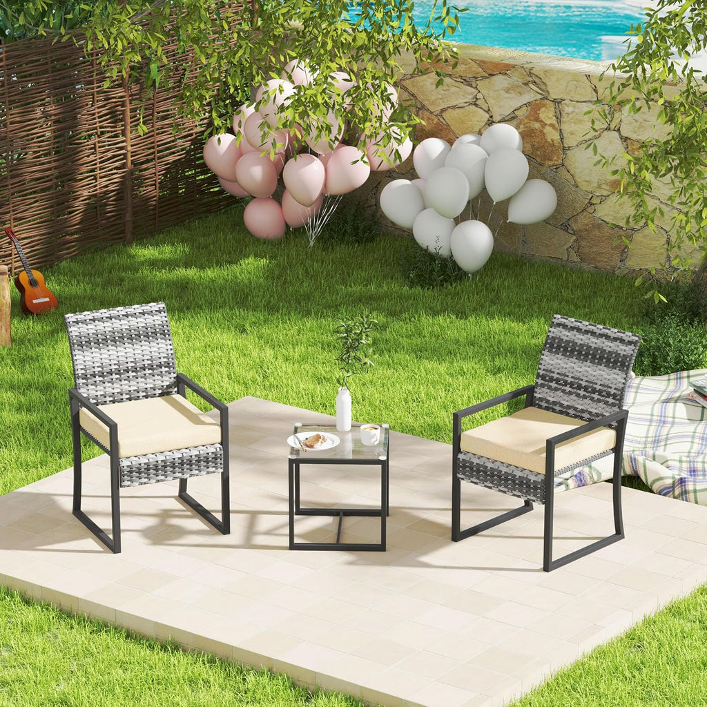 3 Pieces Patio Furniture Set,Wicker Rattan Chairs for Garden Backyard Balcony Porch Poolside, Set with Glass Table and Soft Cushions (Gray+Beige)