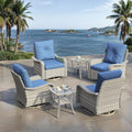 6 Piece Outdoor Patio Rocking Swivel Chairs,High Back Wicker Rattan Bistro Set with Thickened Cushions & Tempered Glass Side Table, Patio Furniture Set for Garden, Backyard, Porch, Blue
