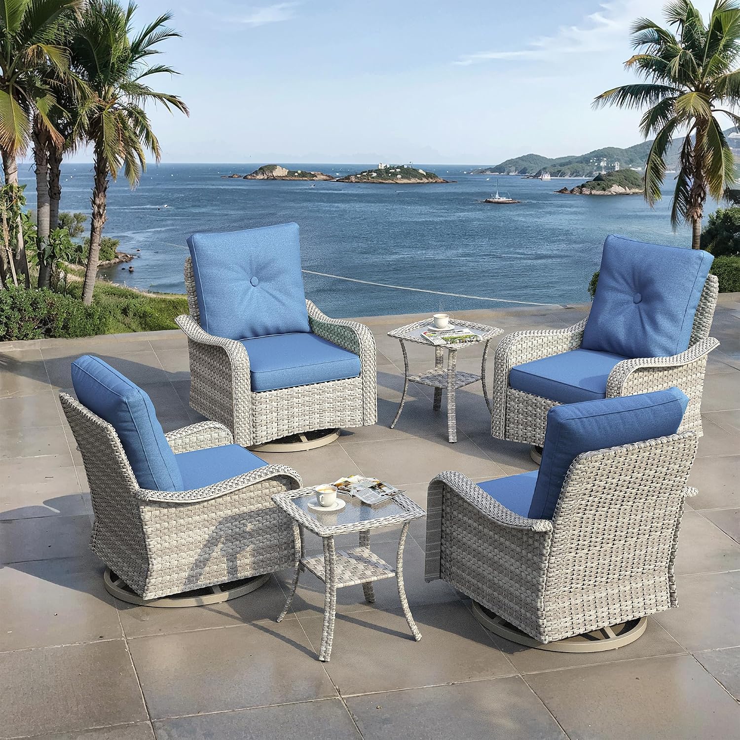 6 Piece Outdoor Patio Rocking Swivel Chairs,High Back Wicker Rattan Bistro Set with Thickened Cushions & Tempered Glass Side Table, Patio Furniture Set for Garden, Backyard, Porch, Blue