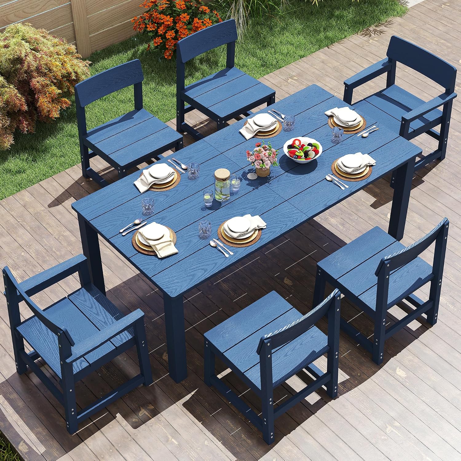 Jocoevol 7 Piece Outdoor Dining Table Set HIPS Patio Dining Sets with Umbrella Hole Outdoor Furniture for 6 All Weather Patio Furniture Set for Outside Deck Backyard Poolside Garden, Deep Blue