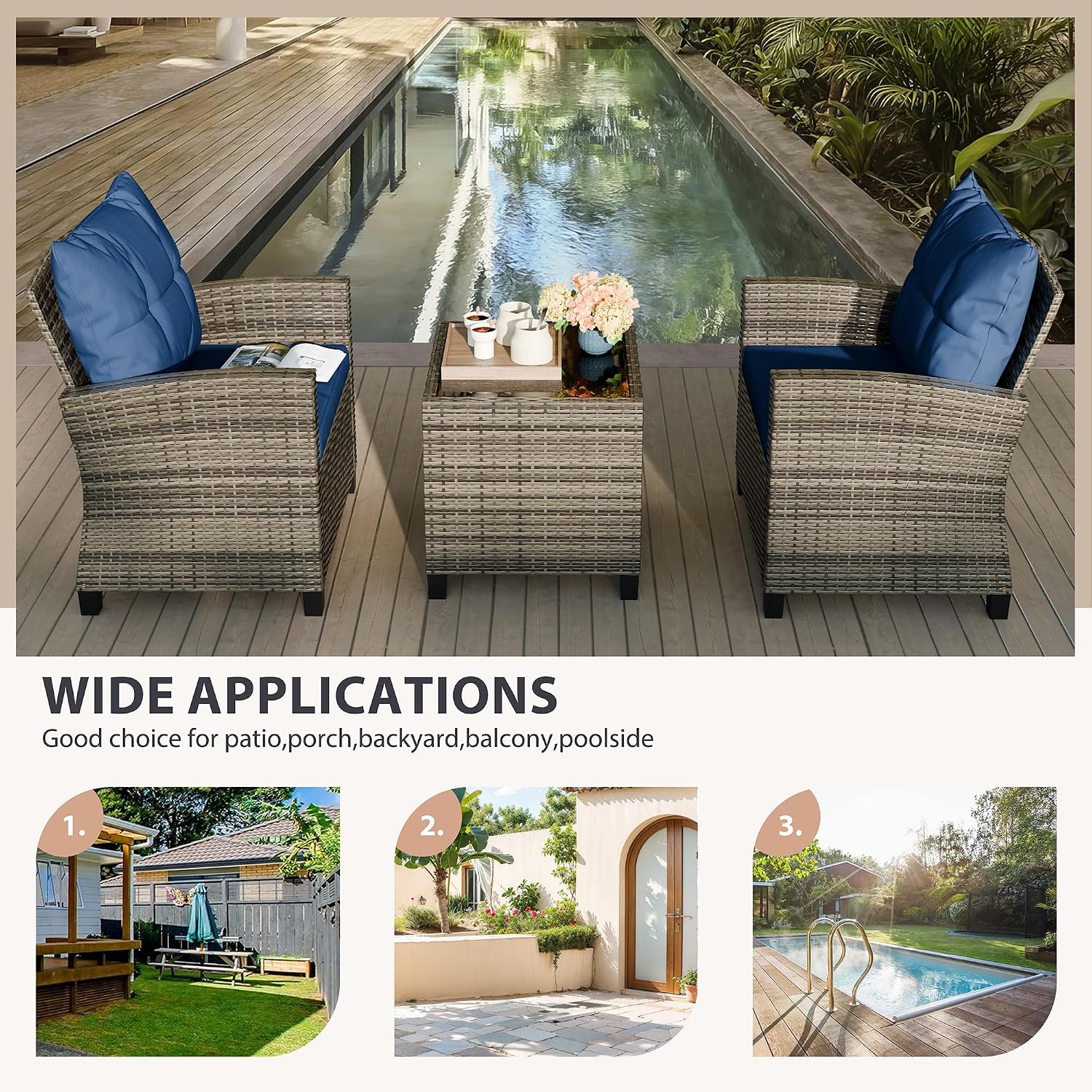 Vongrasig 3 Pieces Patio Furniture Set Small Outdoor Wicker Rattan Front Porch Bistro Set Cushioned Patio Chairs Conversation Set with Glass Table for Lawn, Garden, Backyard, Balcony, Blue
