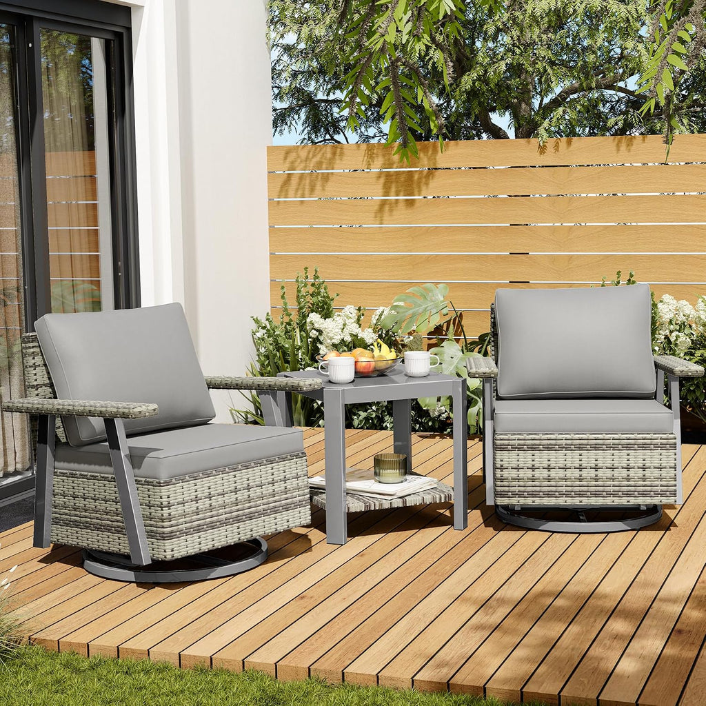 Pamapic 3 Pieces Patio Furniture Set, Outdoor Swivel Glider Rocking Chairs with Thick Cushions, Outdoor Wicker Bistro Set with Side Table, Swivel Conversation Set for Porch, Balcony, Deck