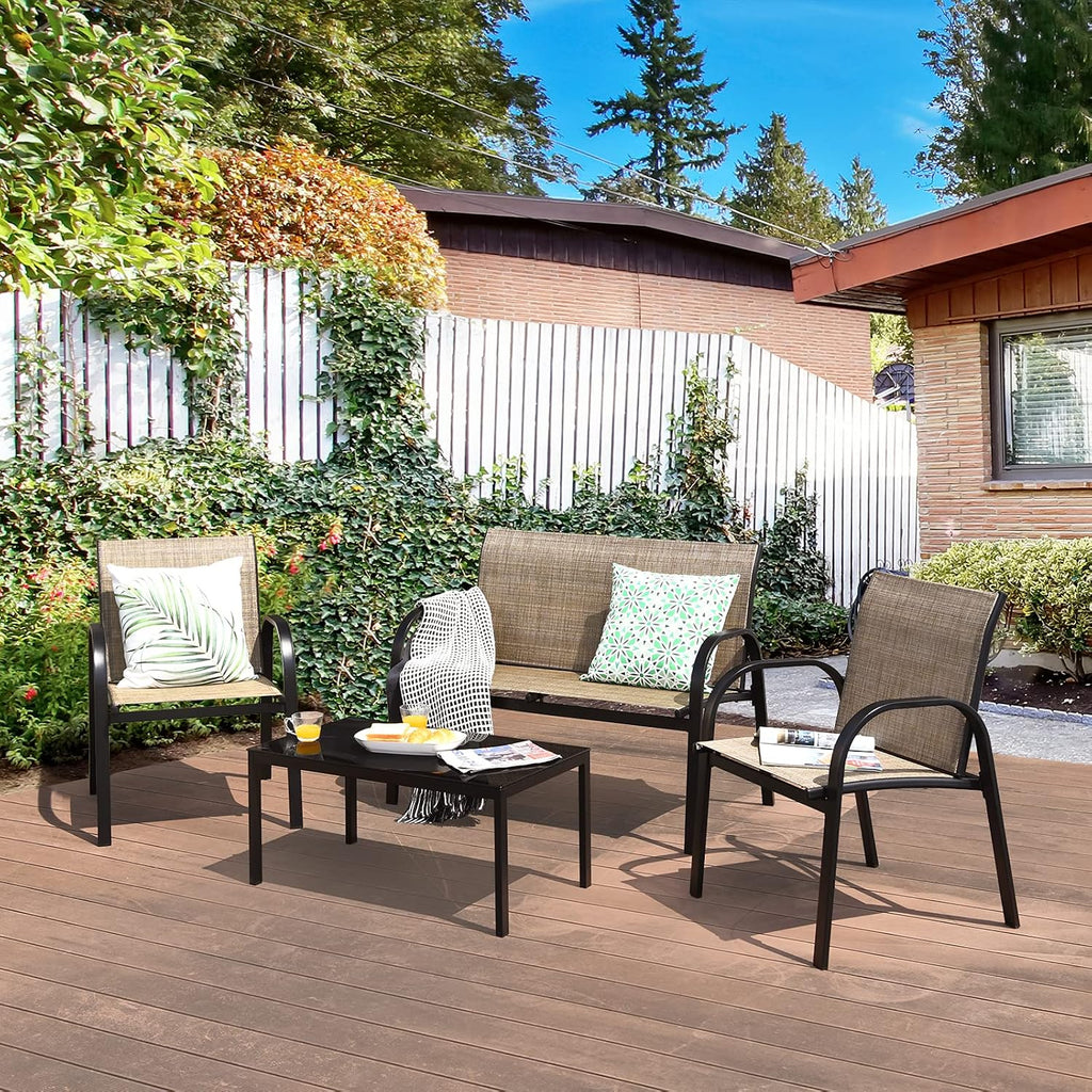 Tangkula 4 Pieces Patio Furniture Set, Metal Frame Heavy Duty Outdoor Conversation Set, Includes Glass Top Coffee Table, 2 Armrest Chairs and Loveseat, Suitable for Lawn Garden Porch Balcony (Brown)